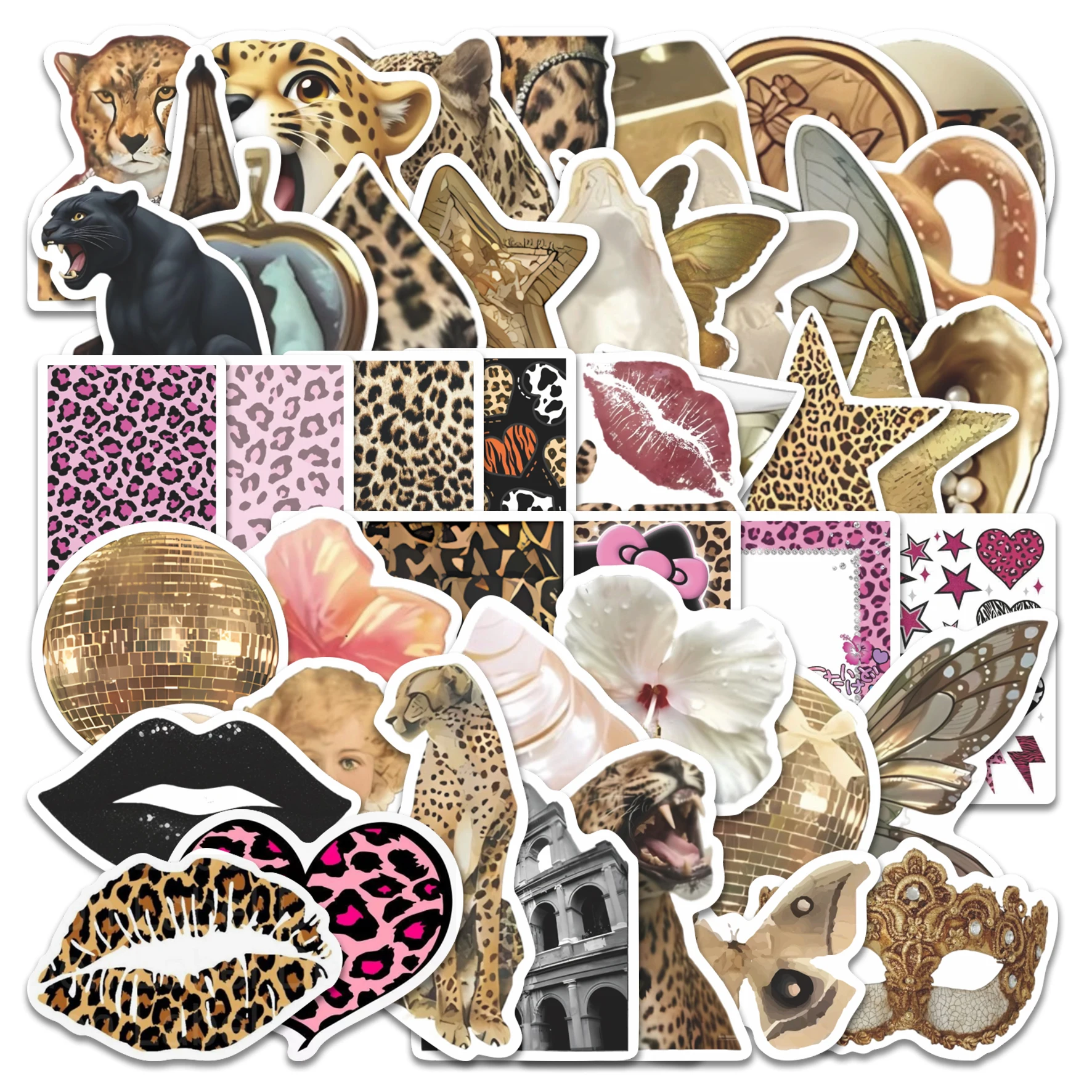 50pcs Leopard Print Stickers Pack Waterproof Vinyl Decals for Laptop Water Bottle Phone Case Journal Glam Lips Flowers Butterfli