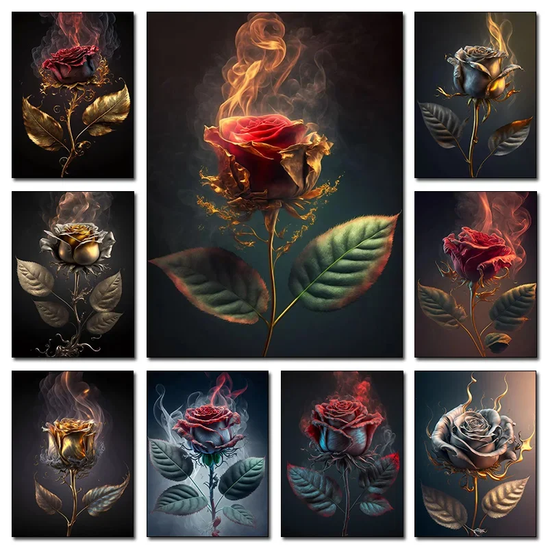 1pc frameless,Red Golden Rose Silver Fire Burning Dust Surrounding Black Background Poster Wall Art Pictures Canvas Painting