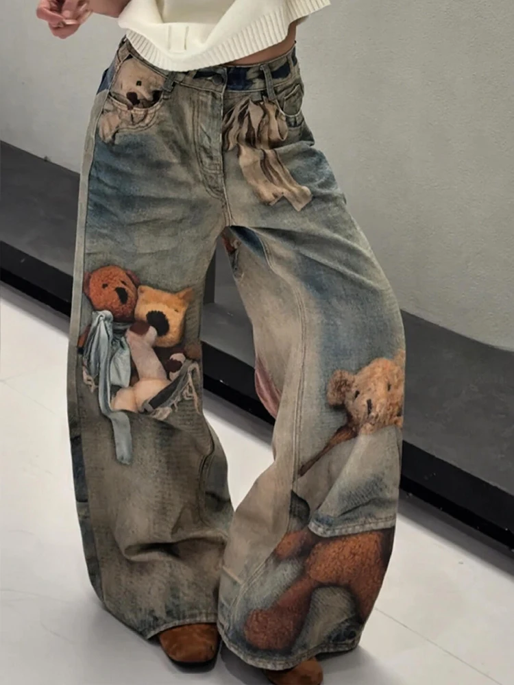

American High Street Heavyweight Bear Illusion Printed Denim Pants Women Summer Spicy Girl Personality Trendy Floor-Length Pants