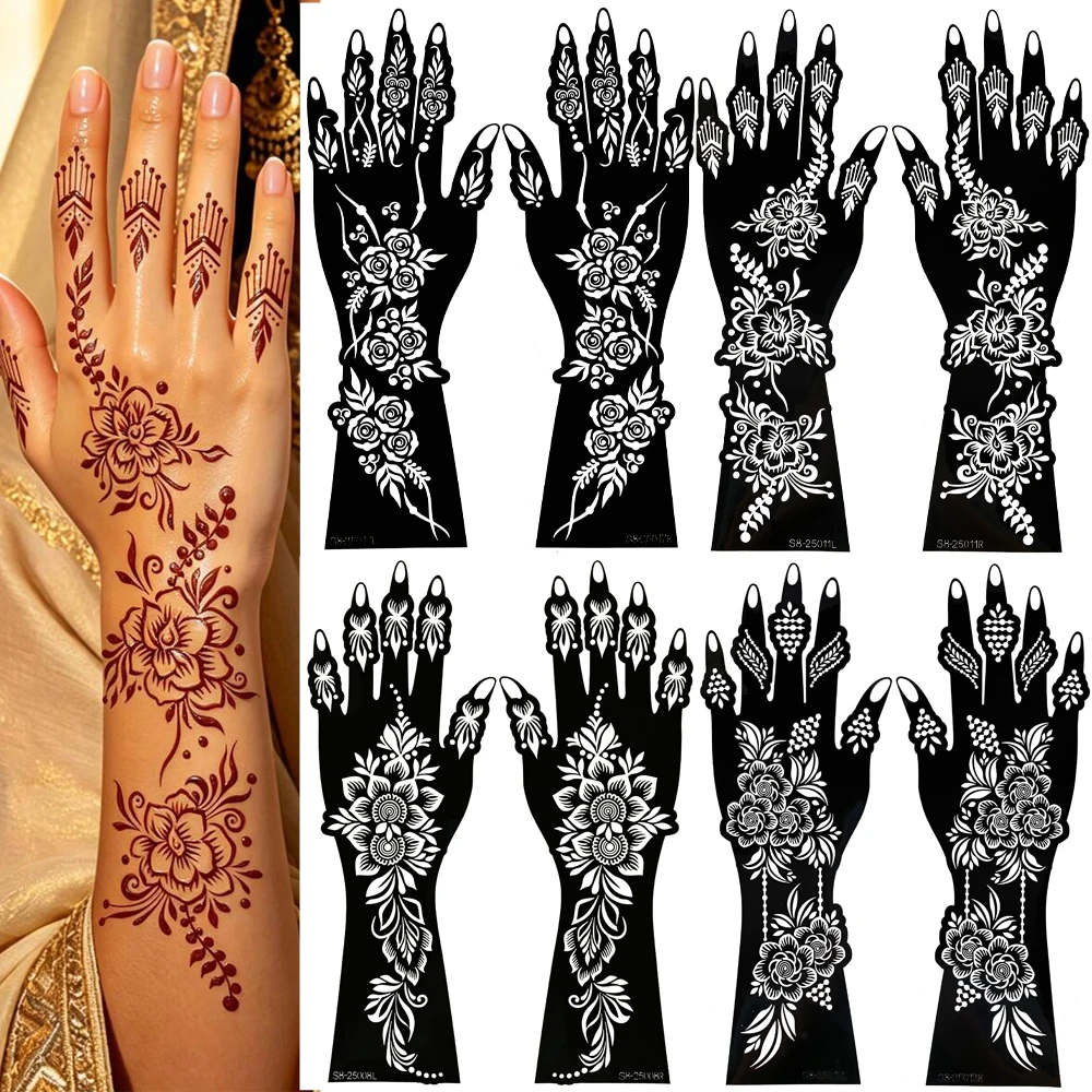 2 Stück Henna-Schablonen für Handblumen-Tattoos, Vorlagen für Frauen, Henna-Tattoo-Schablonen, Mehndi-Malwerkzeuge für Festival-Körperkunst – Detail 1