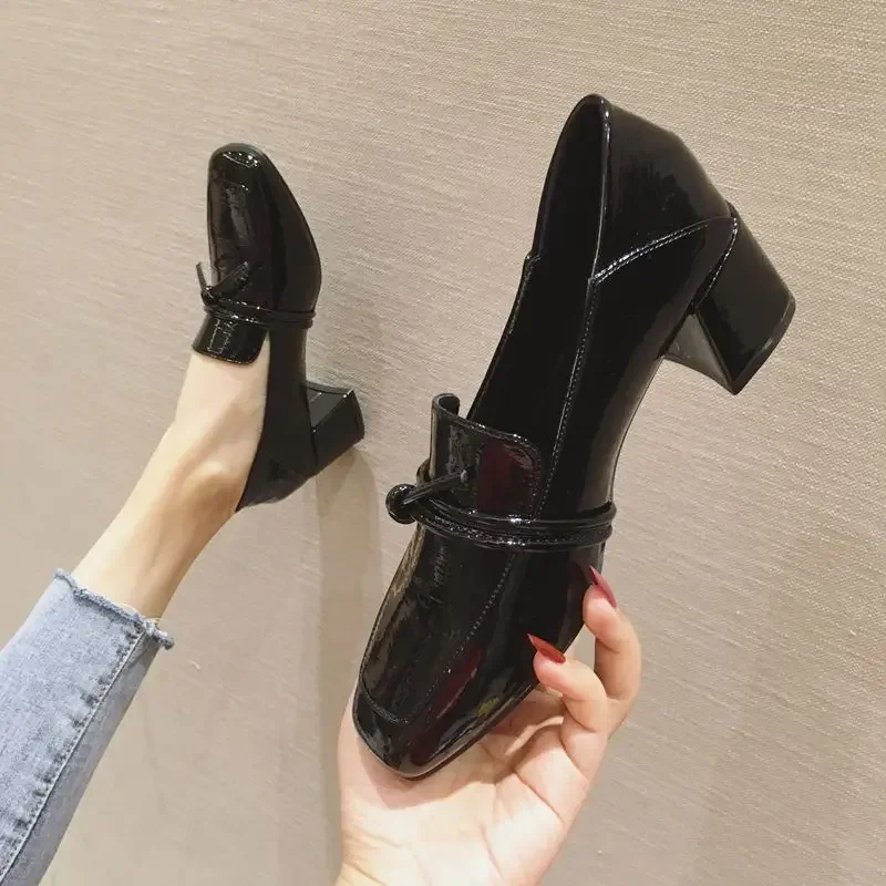 Square Toe with Medium Heels Normal Leather Casual Woman Footwear Block Heel Shoes for Women Chunky Loafers Black E Wholesale 39