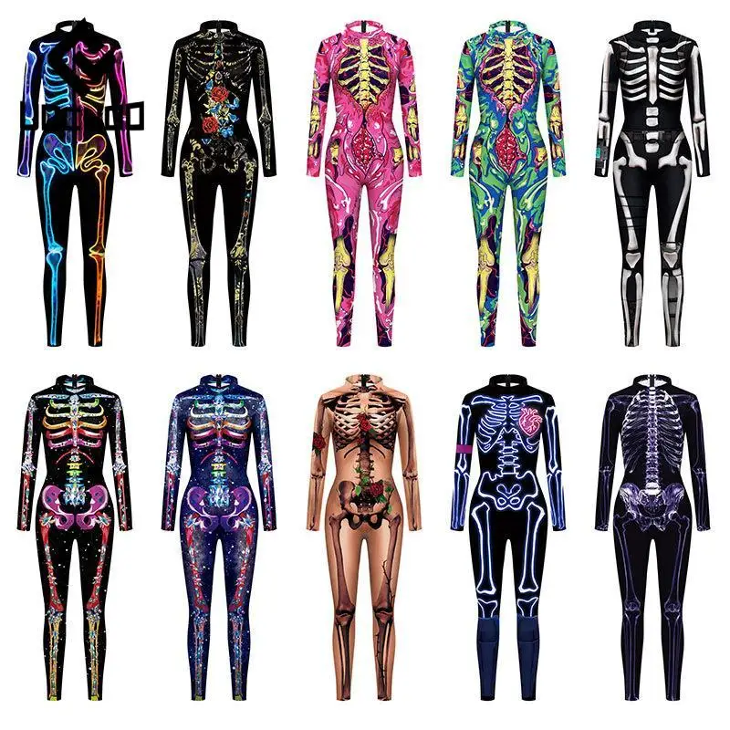 

Halloween Cosplay Costumes Adult Skull Print Jumpsuit Colorful Skeleton Graphic Bodysuits Carnival Couple Suits Unisex Clothes