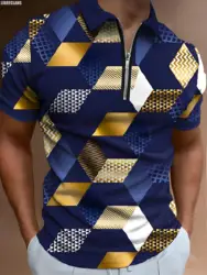 Vintage Gold Plaid Pattern 3D Printing Men's Zipper Polo Shirt Summer Fashion Short-Sleeved Top 2023 New Harajuku Streetwear