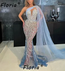 Arabic Luxury Crystal Jewels Mermaid Evening Dresses With Long Cape Stunning Beaded Floor Length Tulle Blue Wedding Party Gown