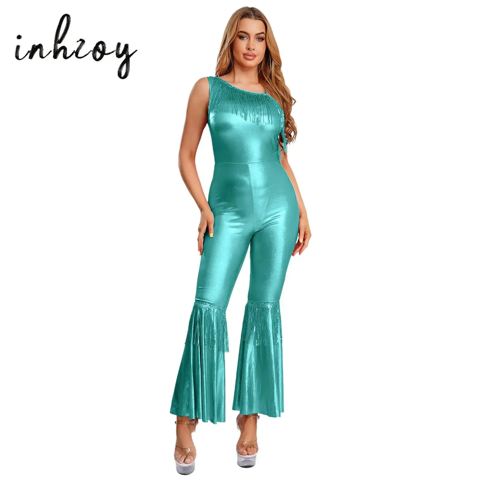

Womens Vintage 70s 80s Disco Dance Jumpsuit Sequins Tassel Sleeveless Bell Bottom Long Pants Metallic Shiny Rompers for Clubwear
