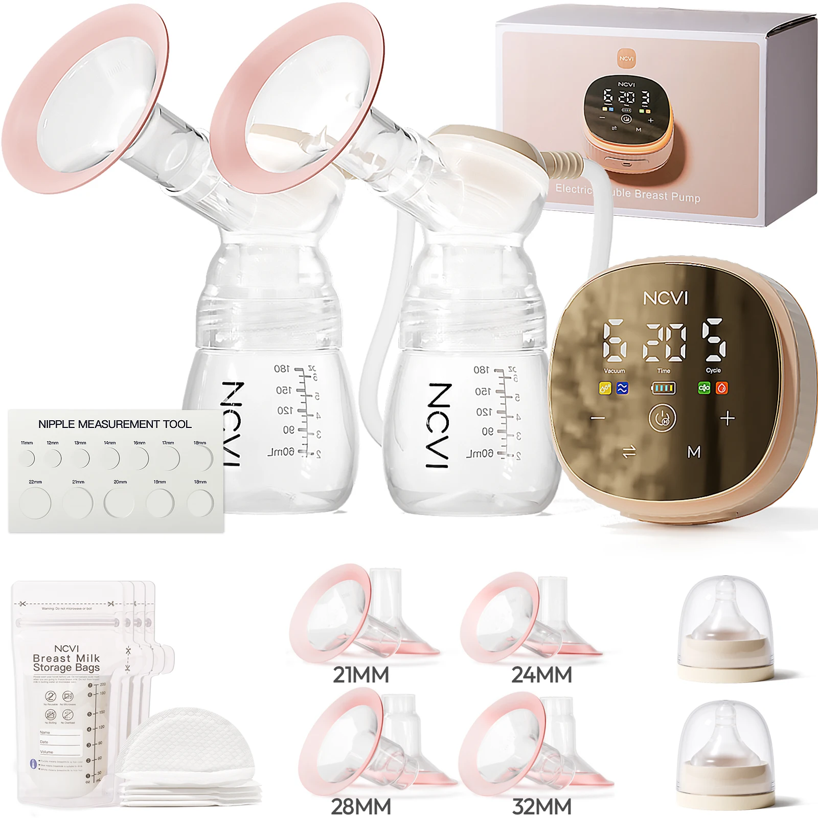 NCVI Double  Electric Breast Pump,4400mAh Battery Low Noise Adjustable Milk Pump with  21/24/28/32mm Flanges with LED Display