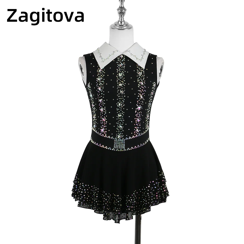 

Zagitova Figure Skating Dress For Women Girls Ice Skating Skirt Performance Competition With Shiny Diamond Black Tailored Collar