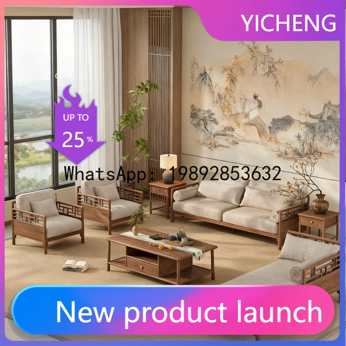 Hys neues chinesisches Zen-Sofa-Set aus Massivholz - Wohnzimmermöbel-Set aus Eschenholz