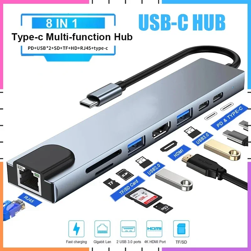 

8 in 1 Type C Hub Adapter PD Charging 8 Ports RJ45 HDMI TF/SD Card USB C Docking Station for Laptop Computer