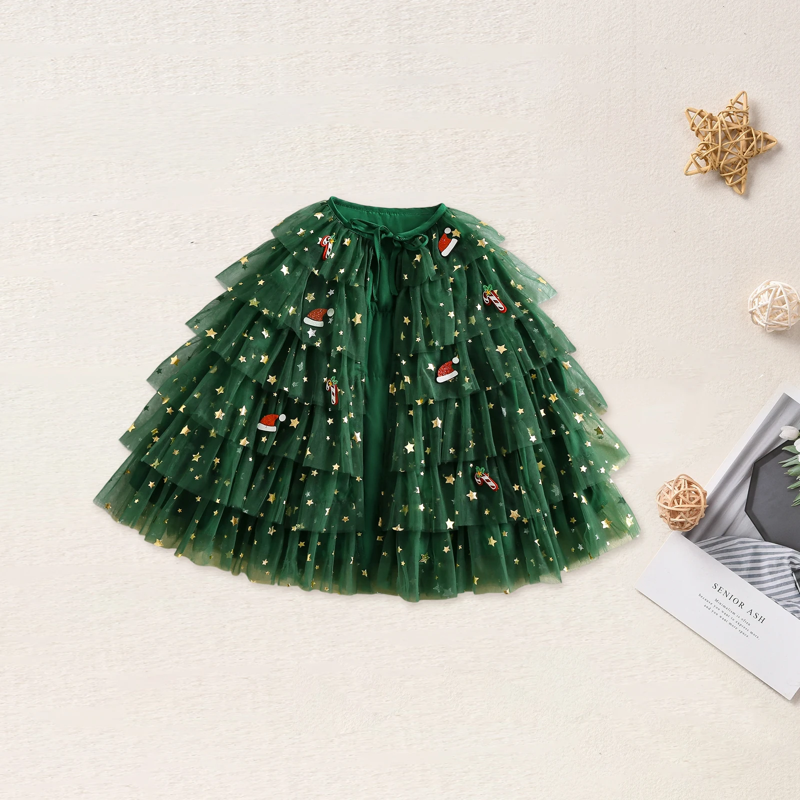 عباءة عيد الميلاد من التول للأطفال والبنات سانتا كلوز قصب الحلوى المتدرج وربطة الكعكة الأمامية #4