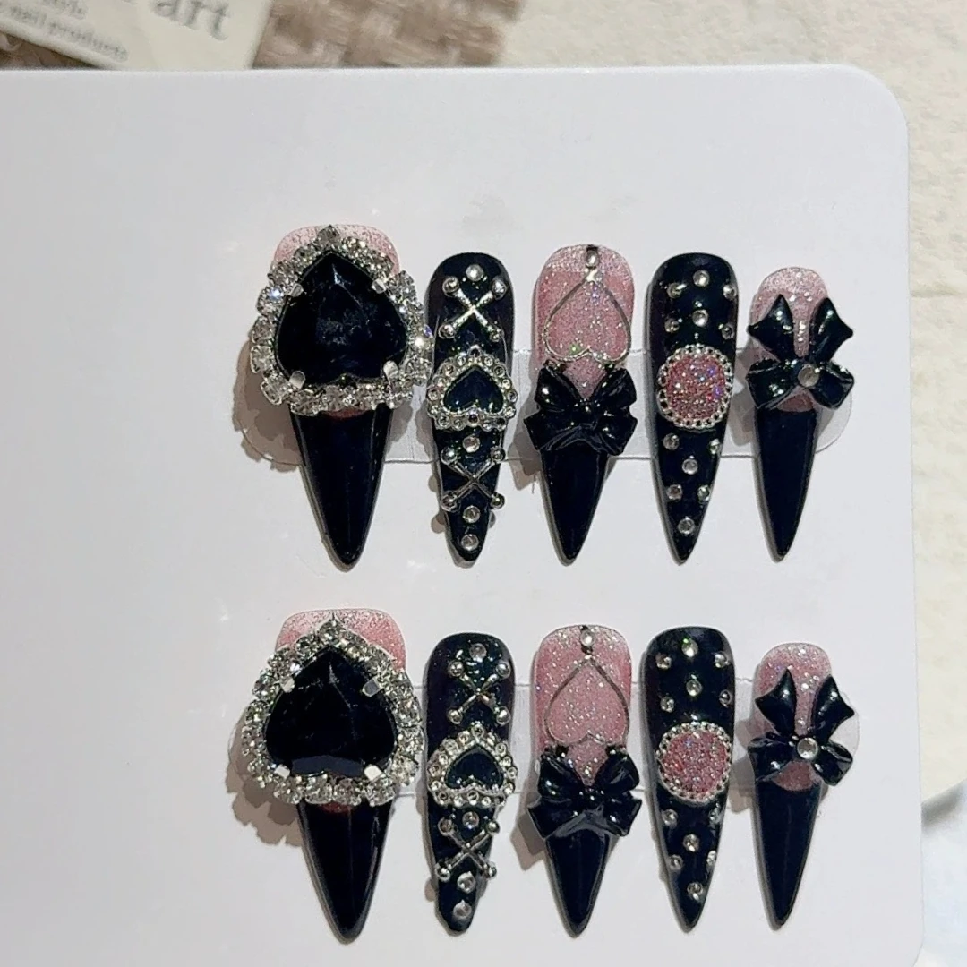 

10pcs Y2K Stiletto Almond Handmade Press on Nails Black Fake Nails with 3D Bow Heart Design False Nails 네일팁 Накладные Ногти Uñas