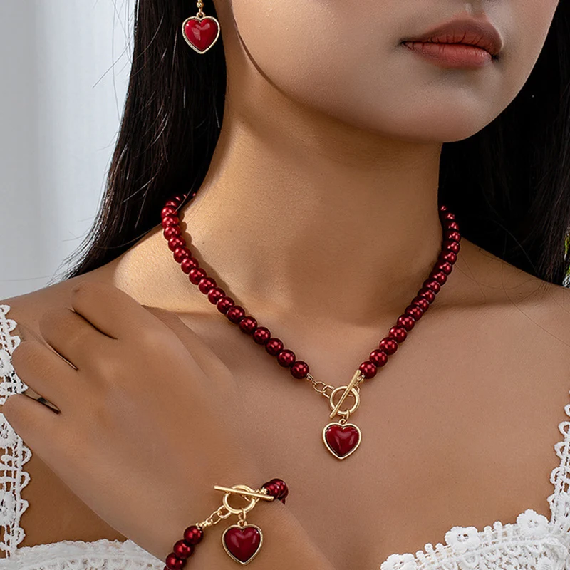 Red Heart Shape Pendant Necklace Earrings Bracelets Set for Women Imitation Pearl Elegant Luxury Quality Jewelry Wedding Gifts