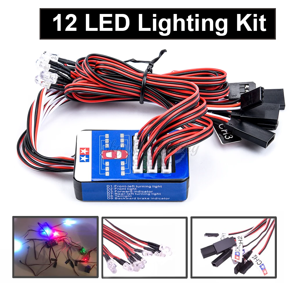 Simulation Flash Light 12 LED Lighting Kit Steering Brake for RC Car 1/10 Scale Models Yokomo Tamiya HSP HPI AXIAL RC4WD TRX