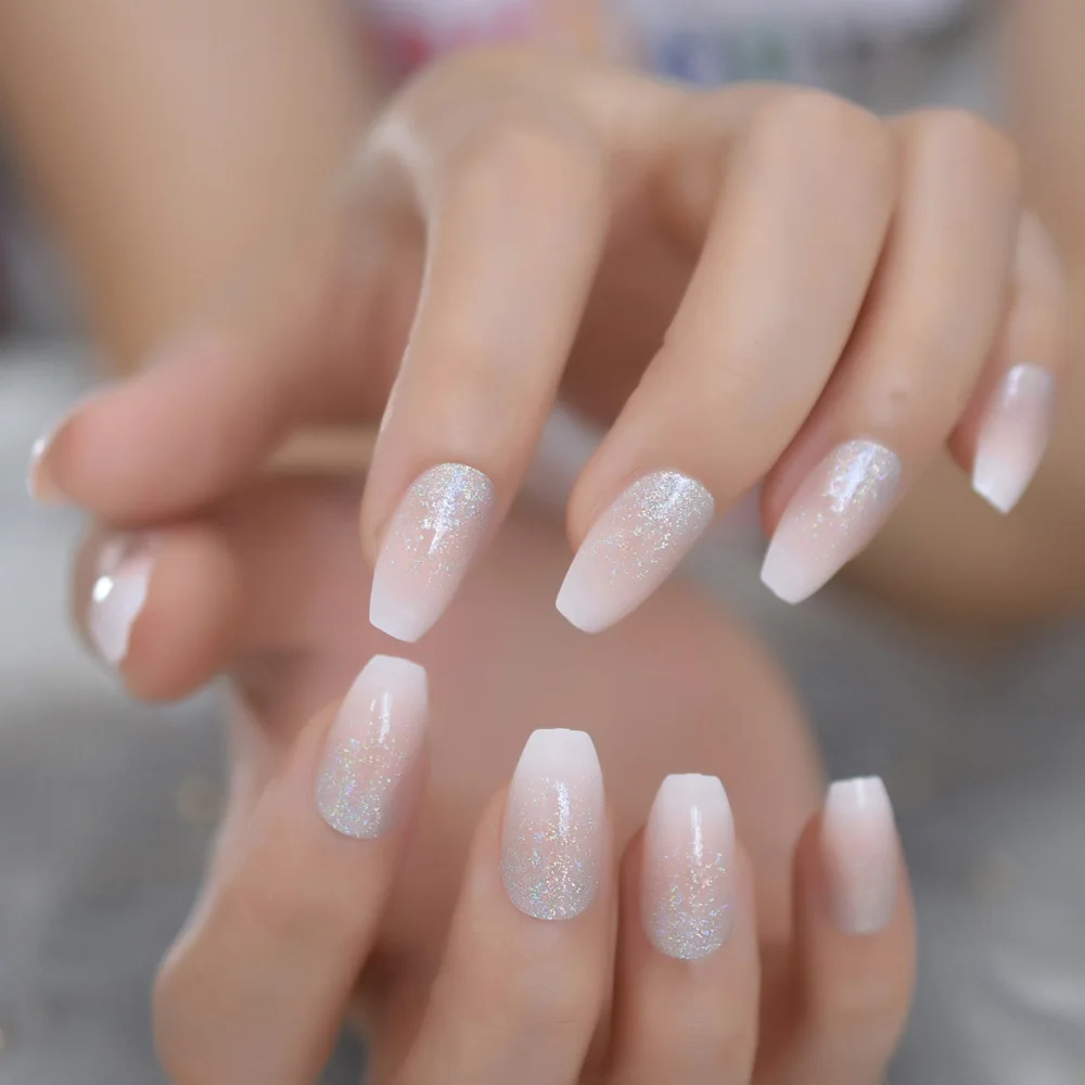 Holographic Silver Glitter Acrylic Nails Ombre French Fake Nails Coffin Shape Nude Nail Art Tips Pre-designed image 4