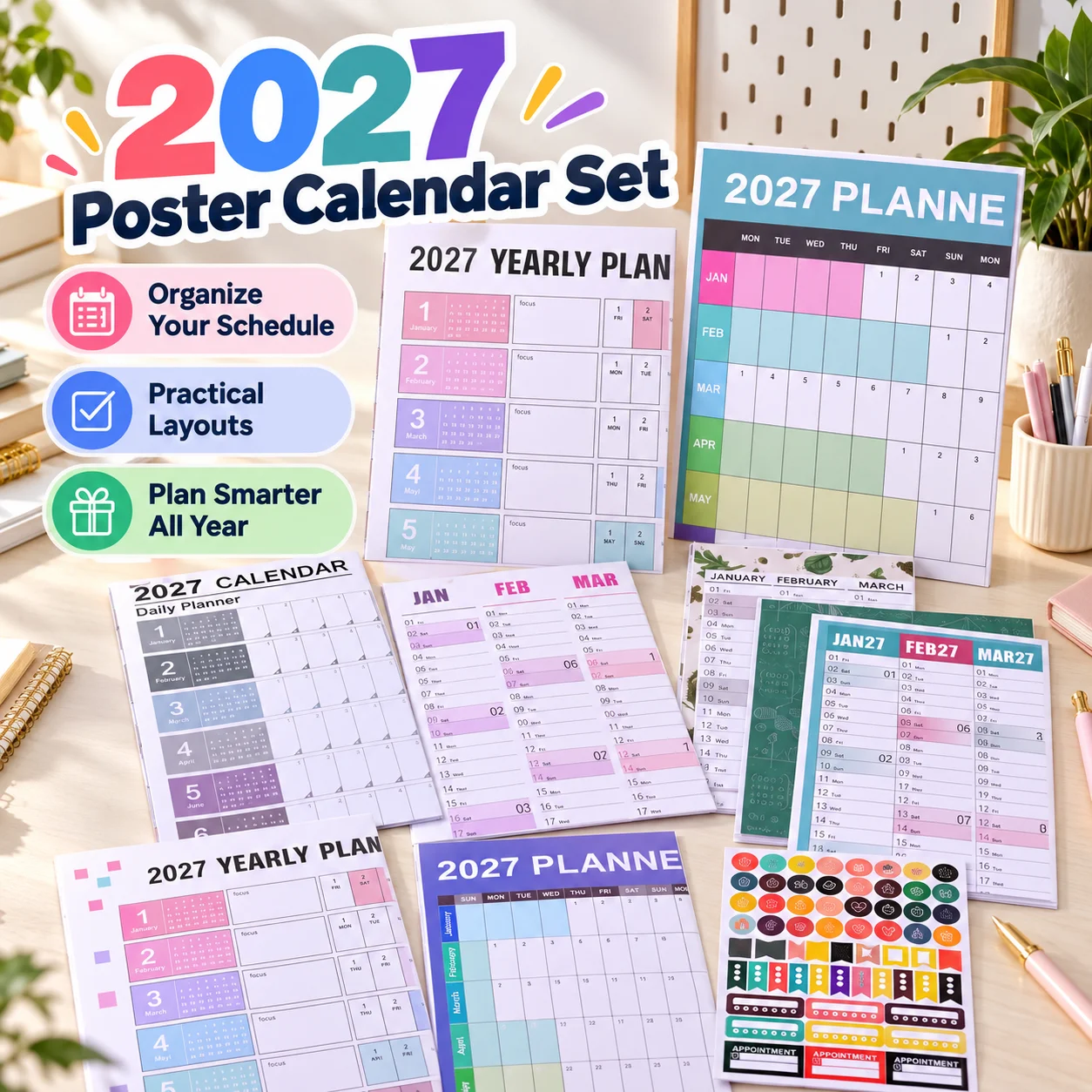 2027 Wall Calendar Planner Set - Color Coded Monthly Schedule With Stickers For Home Office School Organization Holiday Gift