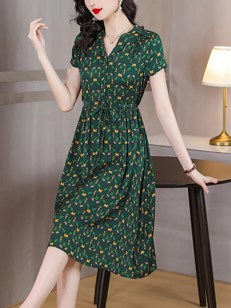 Summer Green Print Silk Short Sleeve V-Neck Midi Dress Women Fashion Elegant Bodycon Prom Dress 2024 Korean Vintage Luxury Dress