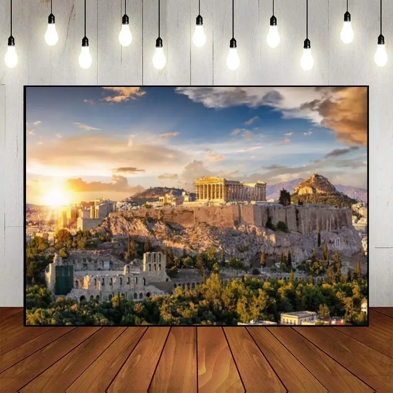 Greek Acropolis of Athens Sunset Ancient Greece Parthenon Background Photo Decoration Baby Shower Party Custom Birthday Backdrop