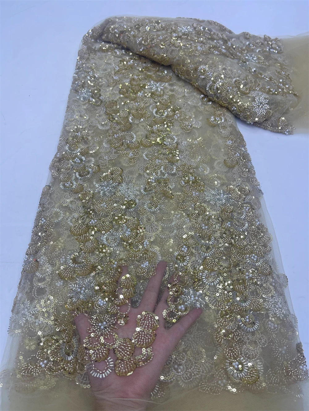 African Nigerian Guipure Embroidered Tulle Lace Fabric, Party Gown,Sequins Wedding Dress, High Quality,5Yard, Beads Stone Jy345