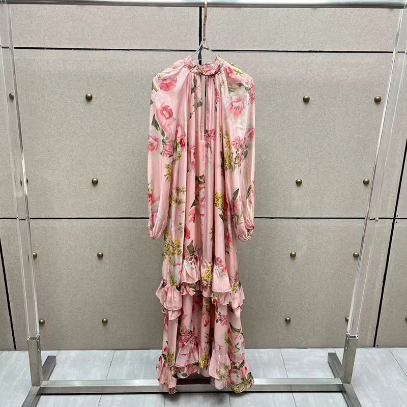 Damenkleid aus Maulbeerseide-Mischgewebe mit Print, Rundhalsausschnitt, lange Ärmel, Maxikleid, hochwertiges, locker geschnittenes, gefüttertes Kleid, 2026, Neu, Y2K
