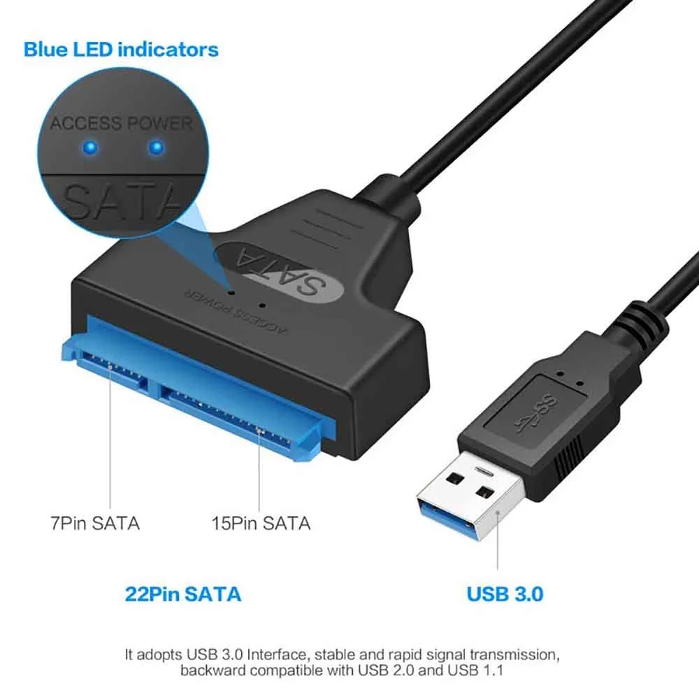 USB 3.0 to SATA III Adapter Cable Type C Compatible for 2.5 HDD SSD Hard Drive Converter 6 Gbps SATA 22 Pin Cord