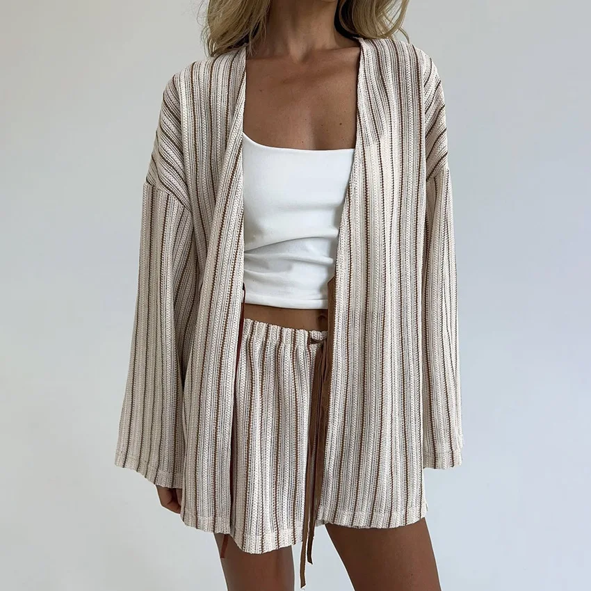 Women Hollow‑Out Jacquard Pajama Set, 2 Piece Fall Winter Loungewear, Elegant Long Sleeve Top & Shorts Sleepwear for Ladies