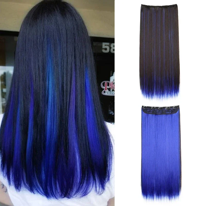 

24Inch Synthetic One Piece Clip in Hair Extension Long Straight Ombre Brown Red Pink Hairpiece for Women