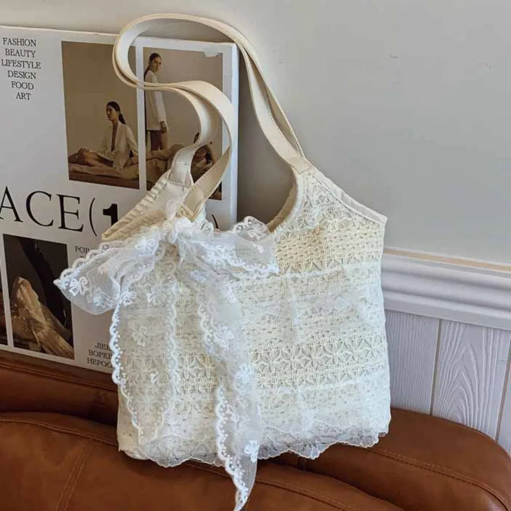 

Сумка-тоут для покупок, кружевная сумка на плечо с лентой, кавайная простая холщовая сумка, простая тканевая сумка большой вместимости для работы