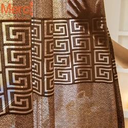 Chinese Classical Style Modern Style White Gauze Coffee Color Zigzag Embroidered Curtains for Living Dining Room Bedroom Custom