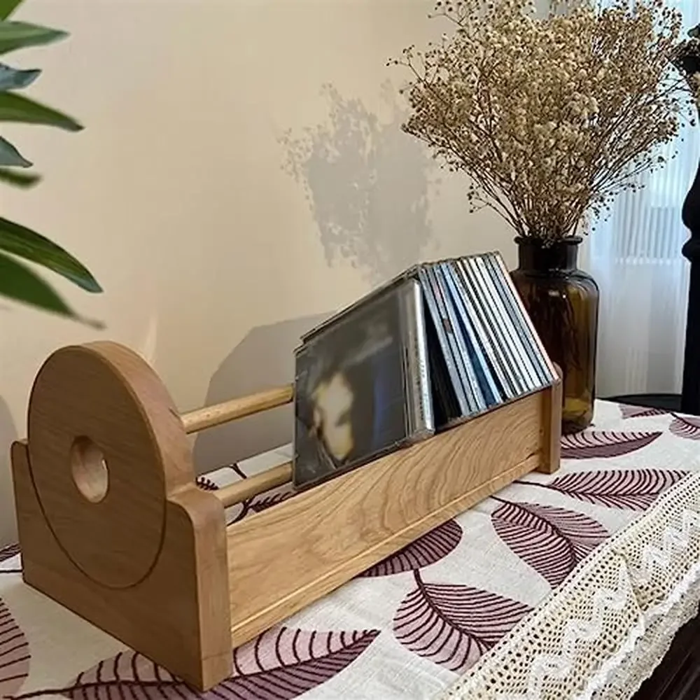 Estante de almacenamiento de CD de madera, organizador de álbumes de vinilo, soporte de exhibición, estante de acento de madera de cerezo Retro, sala de estar y oficina