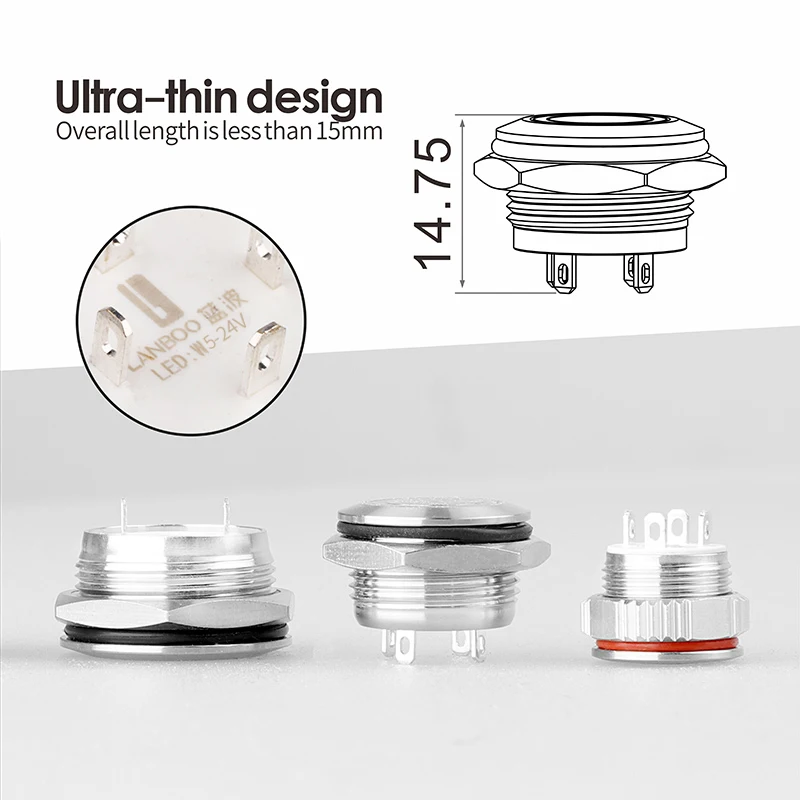 LANBOO 12MM/16MM/19MM/22MM Options Momentary Ultra-thin Tact Metal Button Switch Micro Current 5-24V 220V