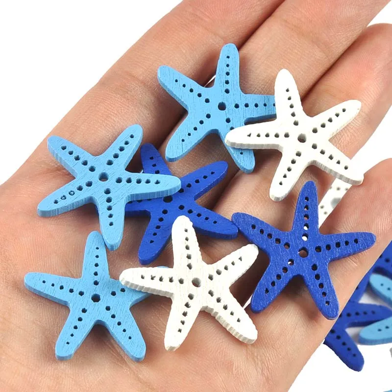 50pcs 30mm Mixed White/blue Starfish Wood Pieces For DIY Crafts Scrapbooking Home Handmade Decor Wooden Hanging Ornaments C4085
