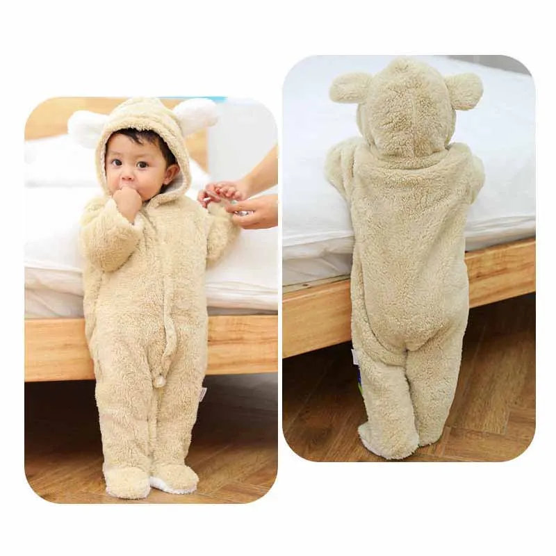 2024 Baby Warm Hooded Bodysuit Boys Solid Color Fashion Crawling Clothes Autumn Winter New Girl Cute Casual Comfortable Jumpsuit