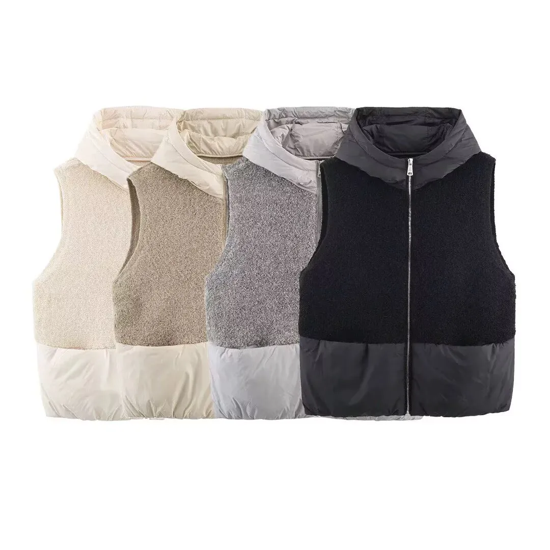 2026 شتاء جديد أزياء المرأة سترة سترة تيري القماش مبطن القطن المرقعة مقنعين سستة أكمام محبوك سترة #1