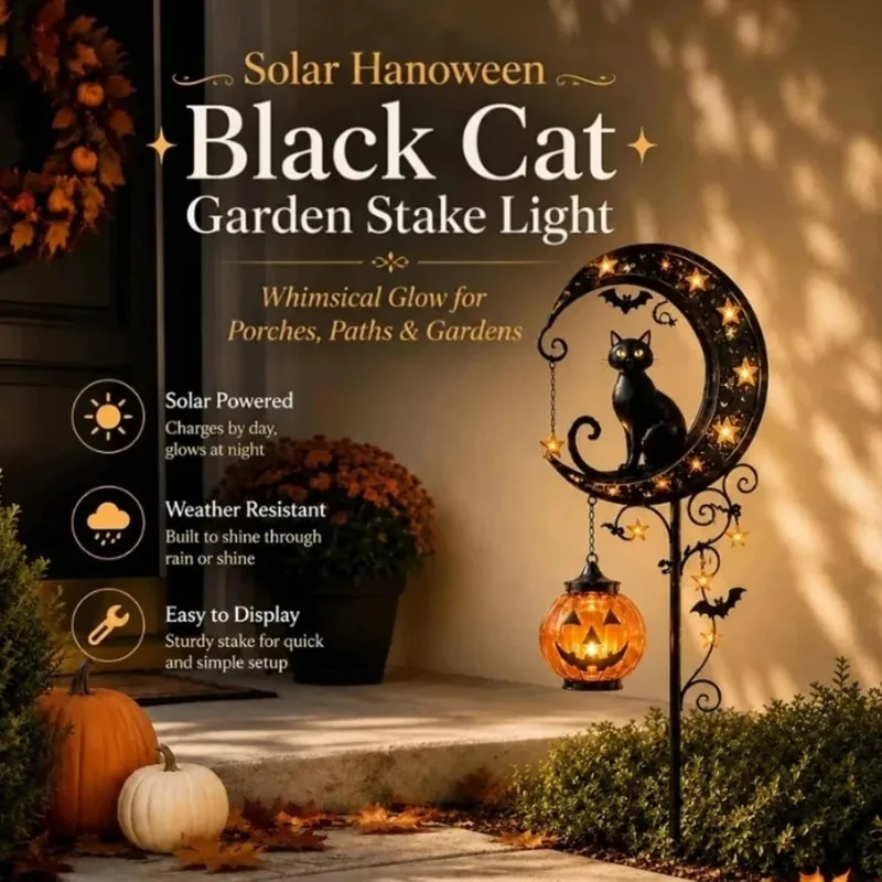 Halloween Solar Black Cat Moon Pumpkin Garden Stake Lamp Waterproof Outdoor Landscape Light for Yard Lawn Holiday Decor