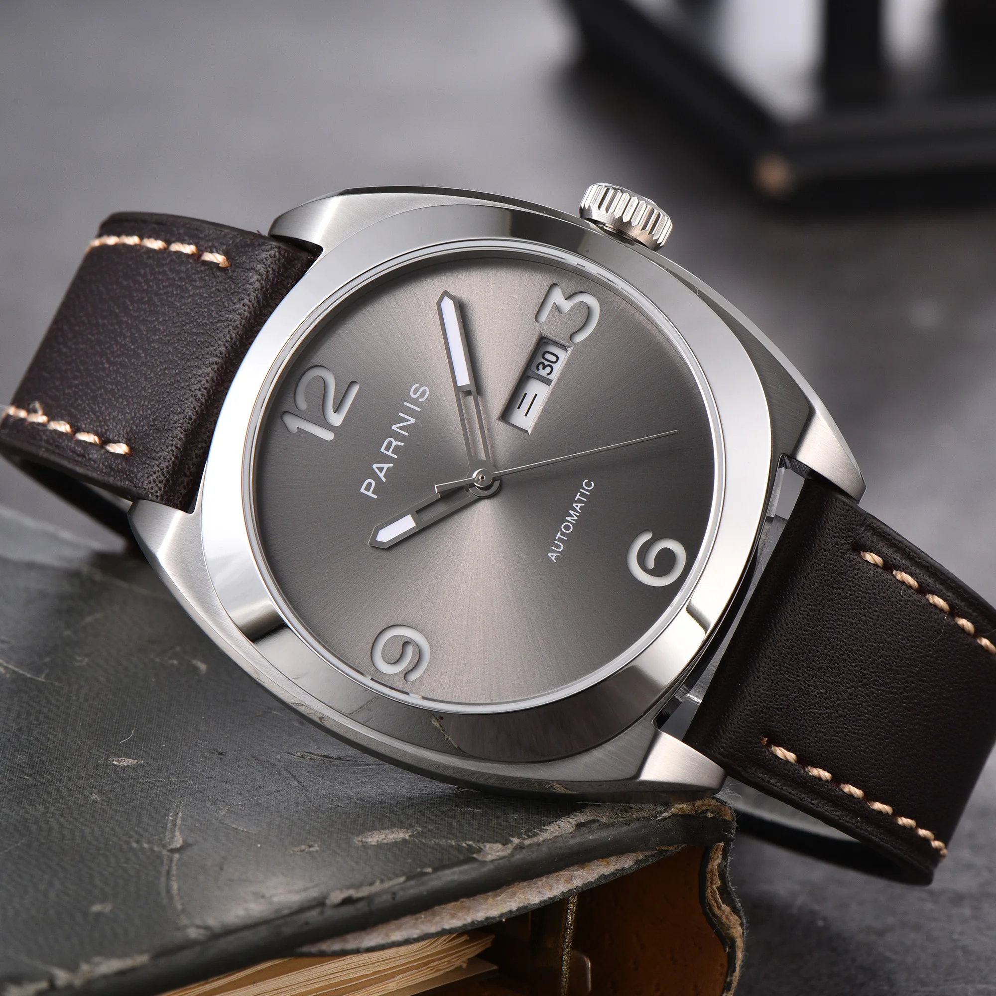 

Parnis 42 мм серый циферблат механические автоматические мужские часы с сапфировым стеклом кожаный ремешок мужские водонепроницаемые часы reloj hombre 2025