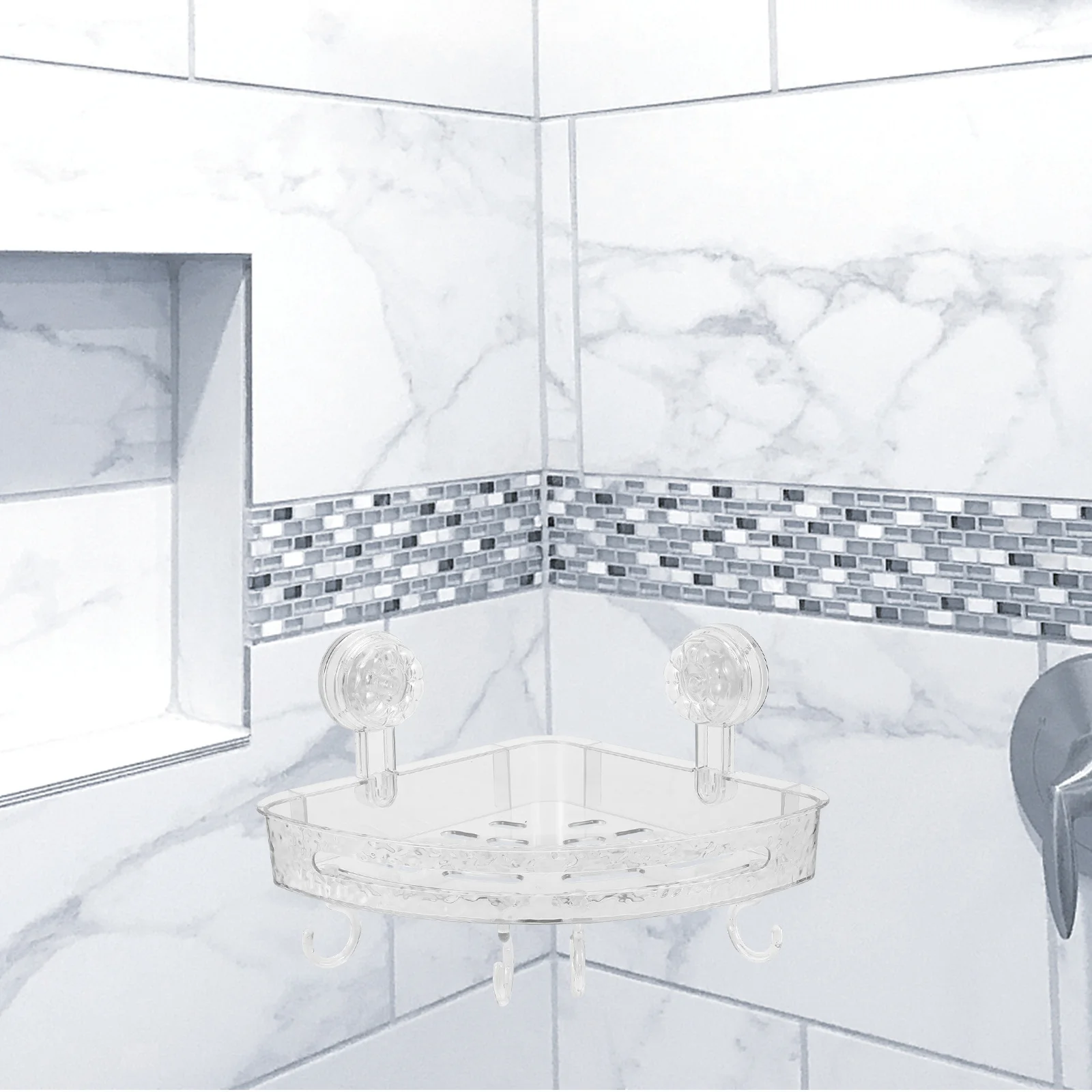 

Bathroom Plastic Corner Storage Rack Vacuum Suction Cup Wall Mounted Shower Shelf for Toothbrush Shampoo Conditioner Easy No