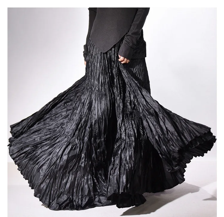 High Quality Women Spring Long Skirts Wide Hem Pleated Design High Waist A-Line Dance Maxi Skirts Faldas Femme Streetwear