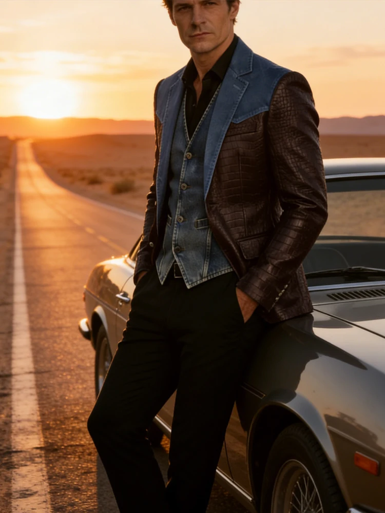 

High-Quality Classic Men's Suit Coat Denim Patchwork Crocodile PU Leather Notched Lapel Tuxedos Groom Wear Business Party Blazer