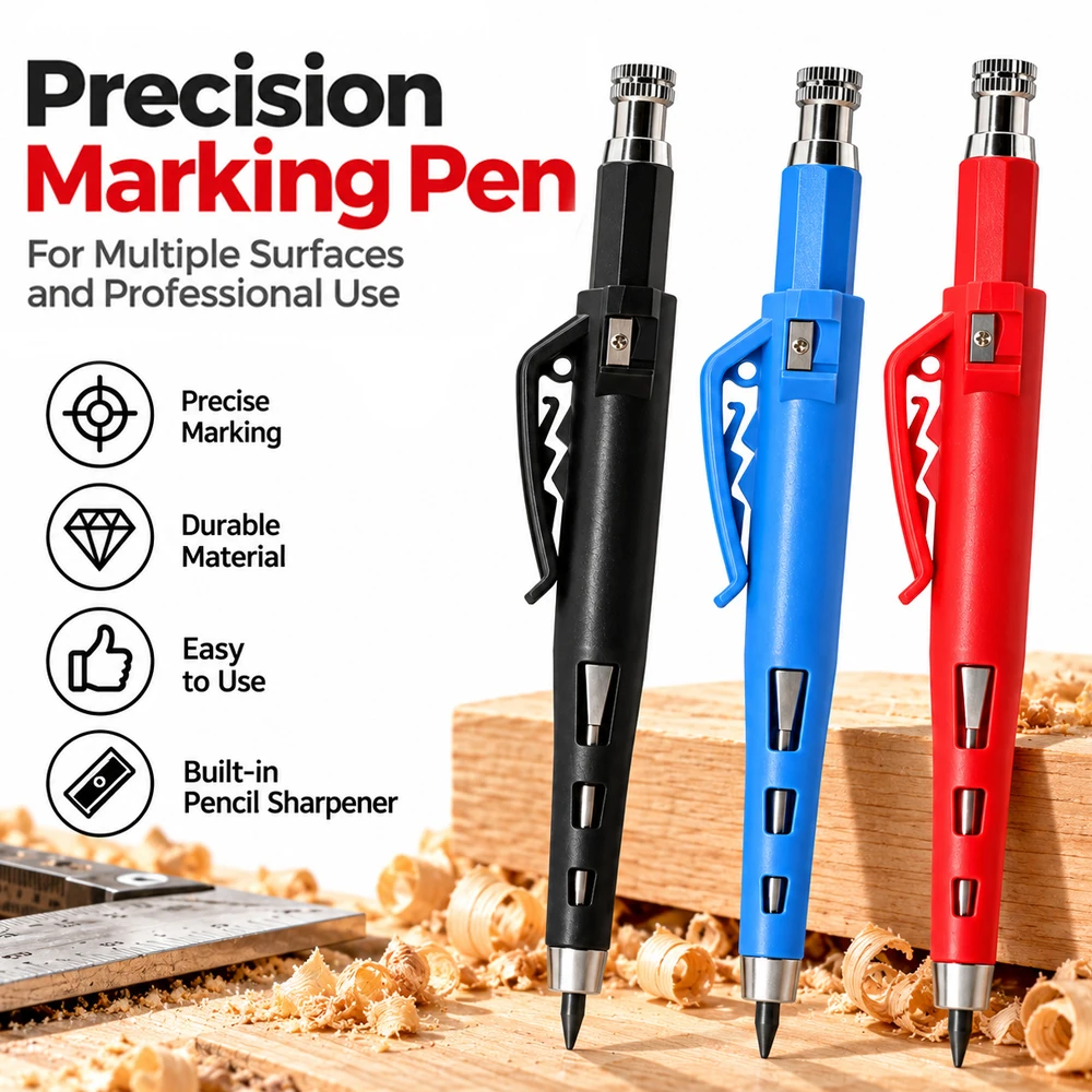 Precision Deep Hole Carpenter Pencil, 2.8mm Mechanical Marking Pen,Built-in Sharpener, Woodworking Construction DIY Marking Tool