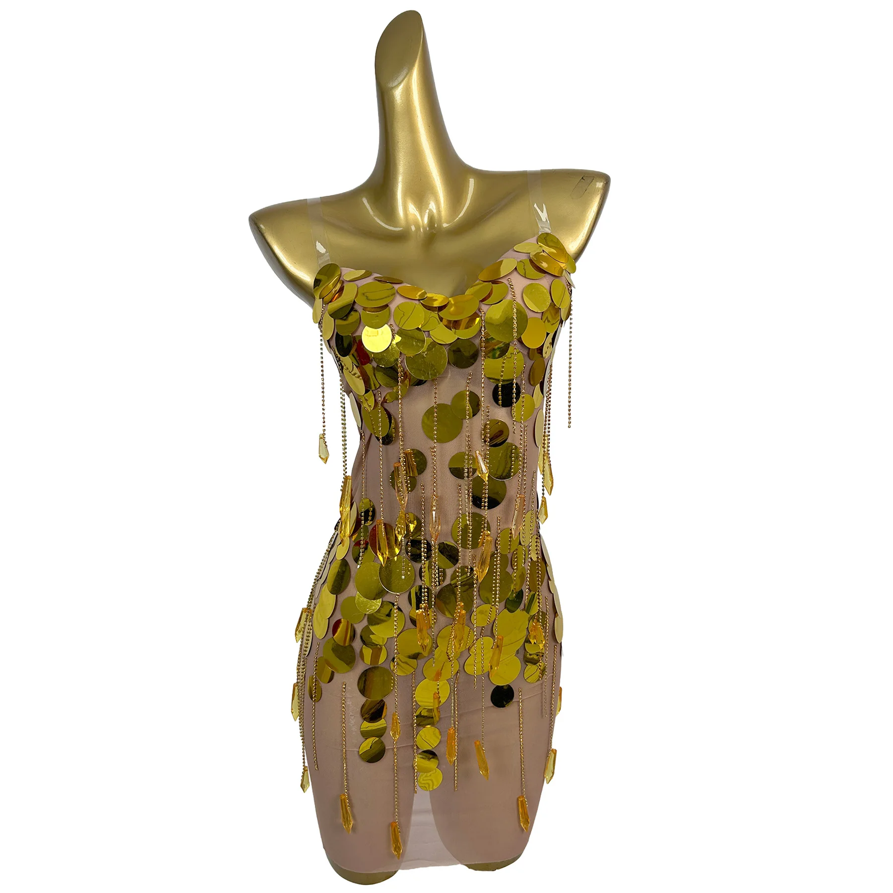 Jinpai Gold Large Disc Sequin Tassel Mini Dress Sheer Mesh Strapless Bodycon Club Party Performance Costume