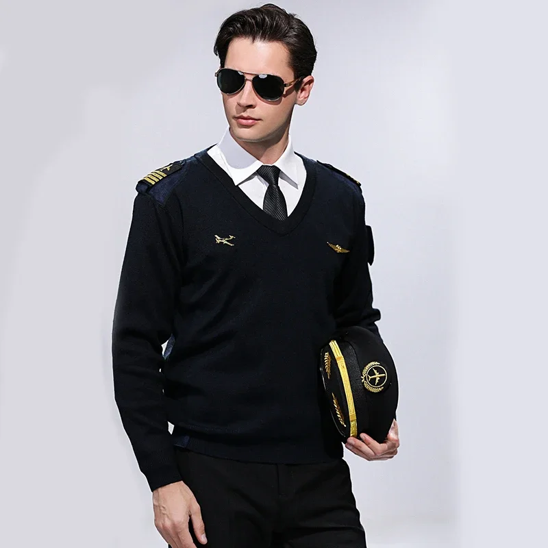 Pilot Uniform Sweater Flight Suit Winter Imitation Wool Sweater Captain V-neck Wool Vest Aviation Uniform