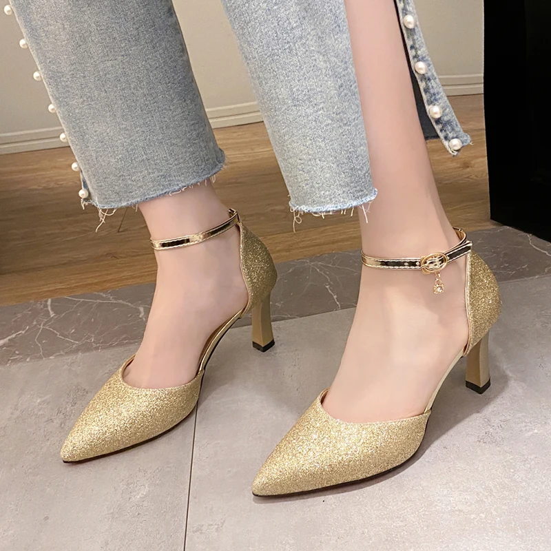 Bling Gold Silver Women\'s Pumps Sexy Point Toe Thin Heel Party Wedding Shoes Bridal Woman Summer Ankle Strap High Heels Shoes PU