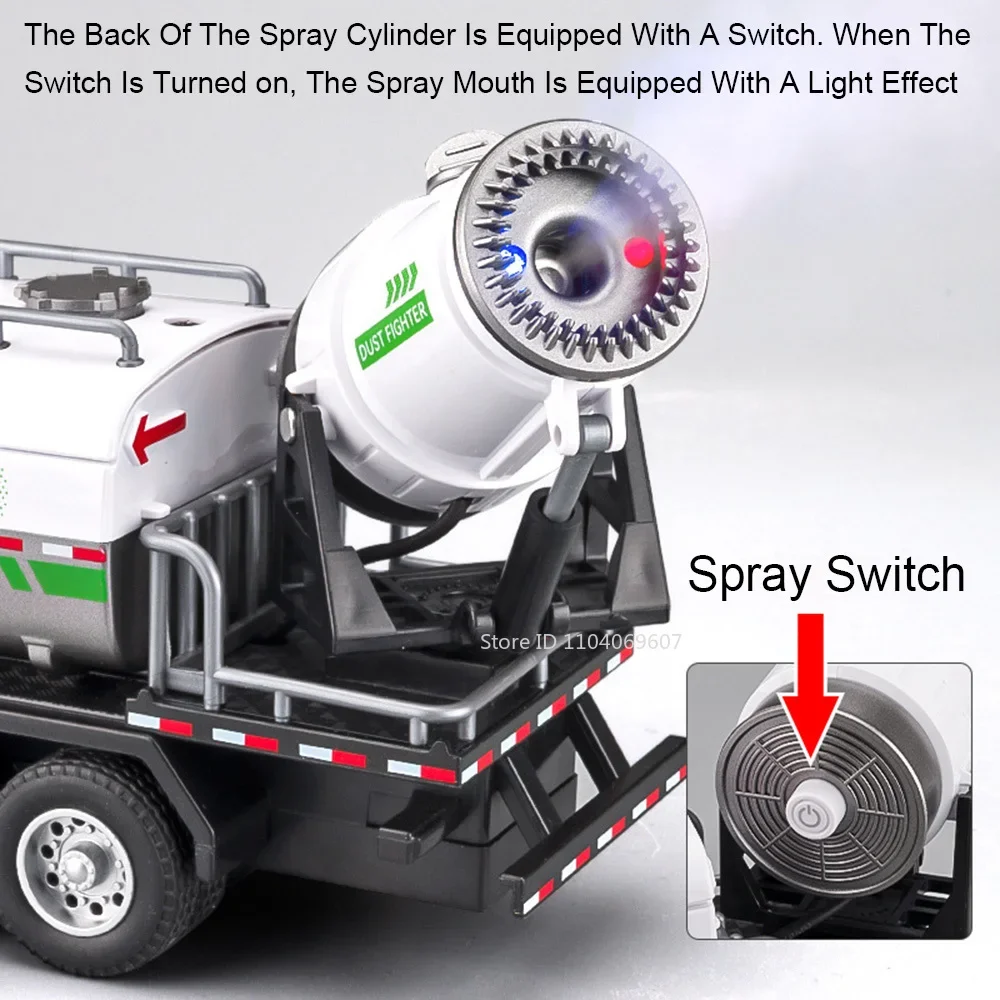Modello in scala 1:50 Giocattolo Soppressione della polvere Camion spray Metallo pressofuso Suono Luce Porte aperte Tirare indietro Modelli di veicoli di ingegneria