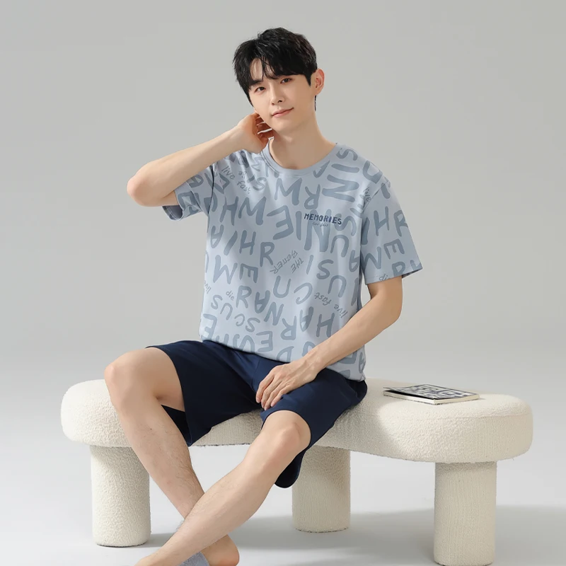 MiiOW Cotton Men's Pajamas Set Short Sleeve Mens Summer Homewear Plus SIze L-3XL Man Breathable Letter Sleepwear Men Pajamas - Image 5