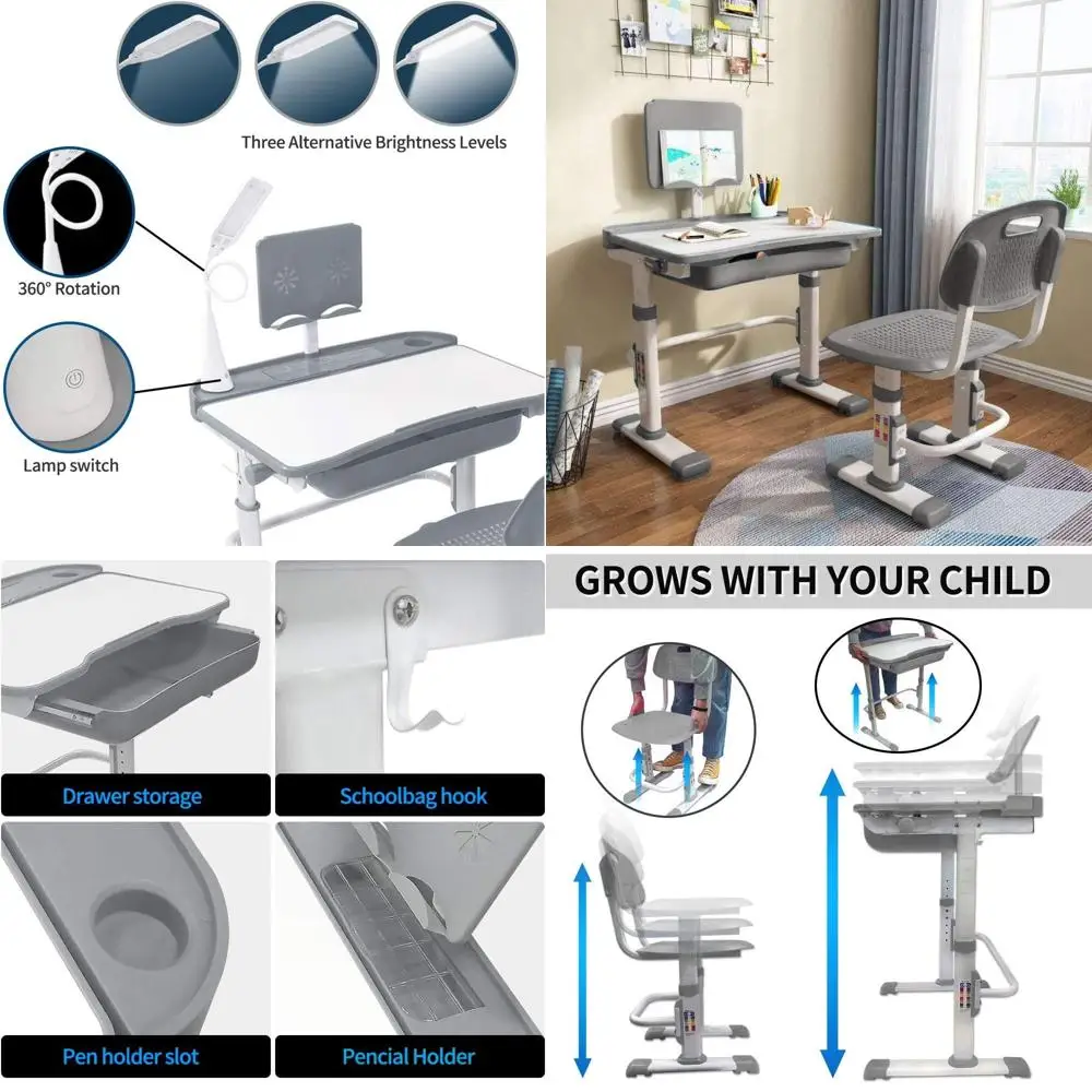 

Регулируемый по высоте детский письменный стол со светодиодной подсветкой, местом для хранения и подставкой для книг, подходит для мальчиков и девочек, серый