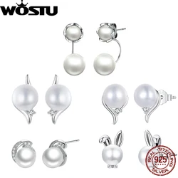 WOSTU 925 Sterling Silver Natural Pearl Ear Studs Cute Zircon Original Earrings for Wowem Dailly Girlish Party Gift Fine Jewelry