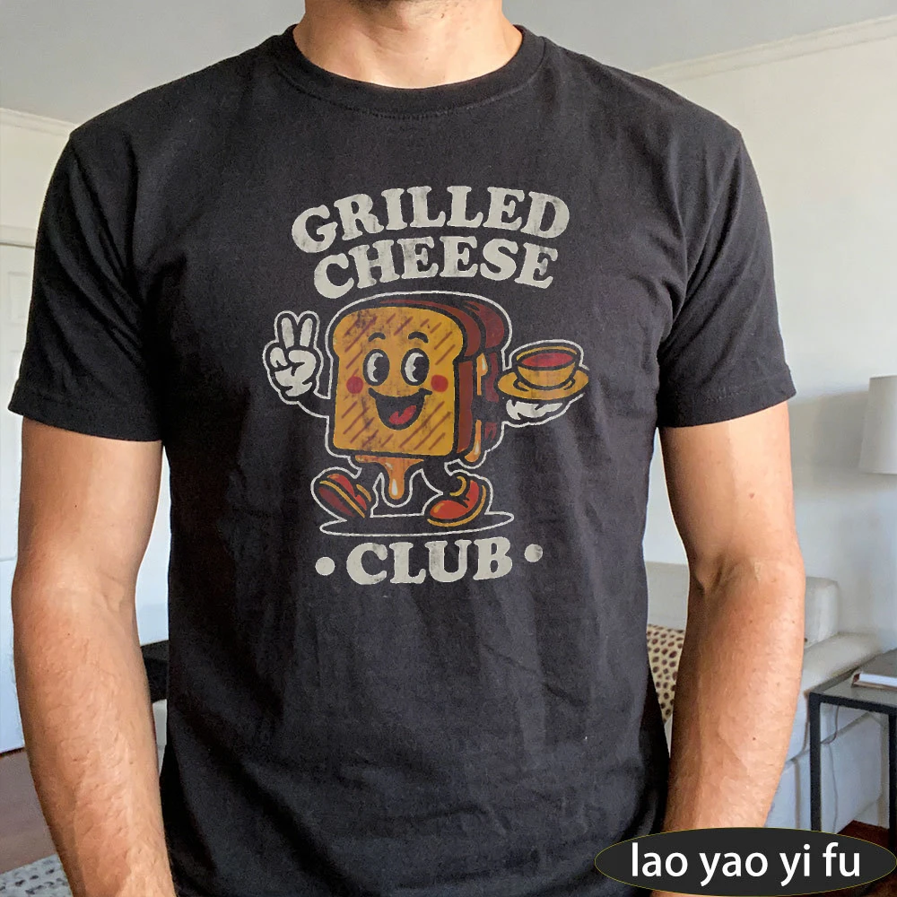 Distressed Retro Food Character Print T-Shirt Grilled Cheese Club Cute Sandwich Graphic Men Cotton Summer Daily Casual Basic Top