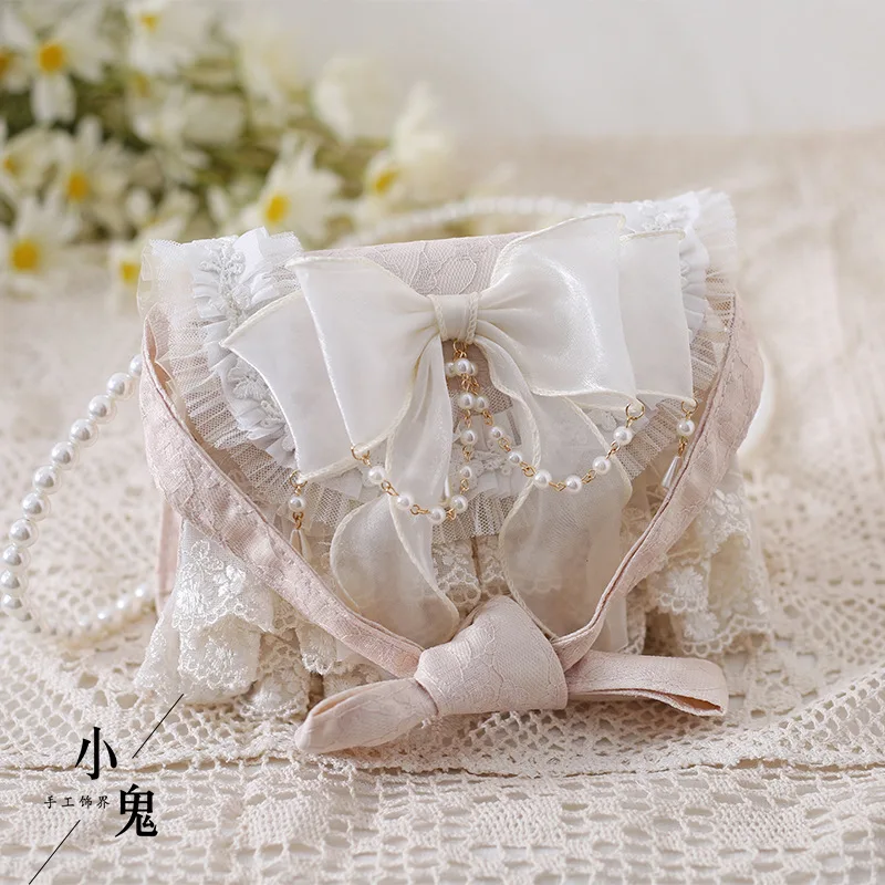 Women Lolita Shoulder Bag Cute Girl Handmade HandBag Bowtie Lace Imitation Pearl Cross Body