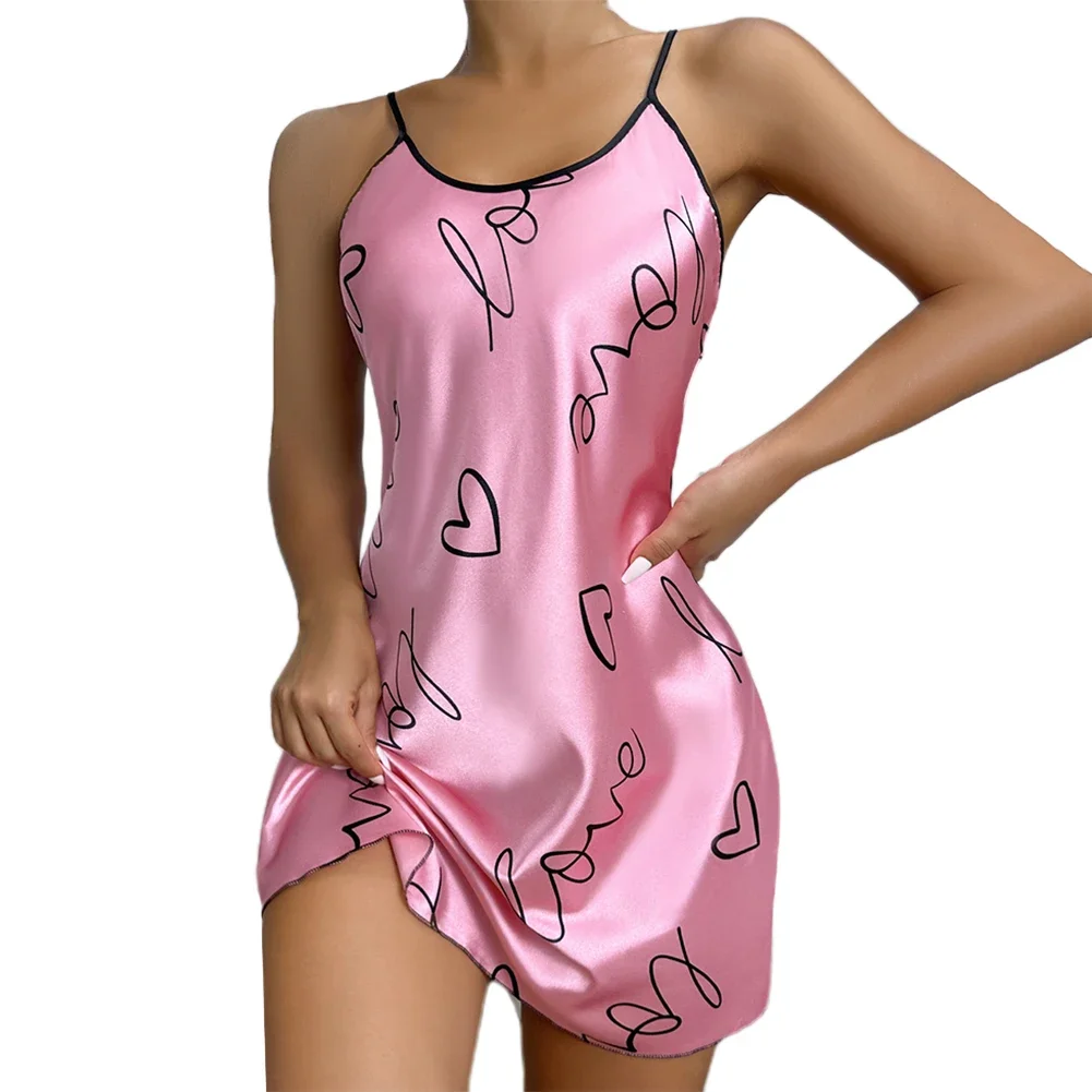 

Smooth Satin Nightdress Women Sexy Spaghetti Straps Nightgown Casual Printed Dress Pajamas Short Skirt Suspender Homewear