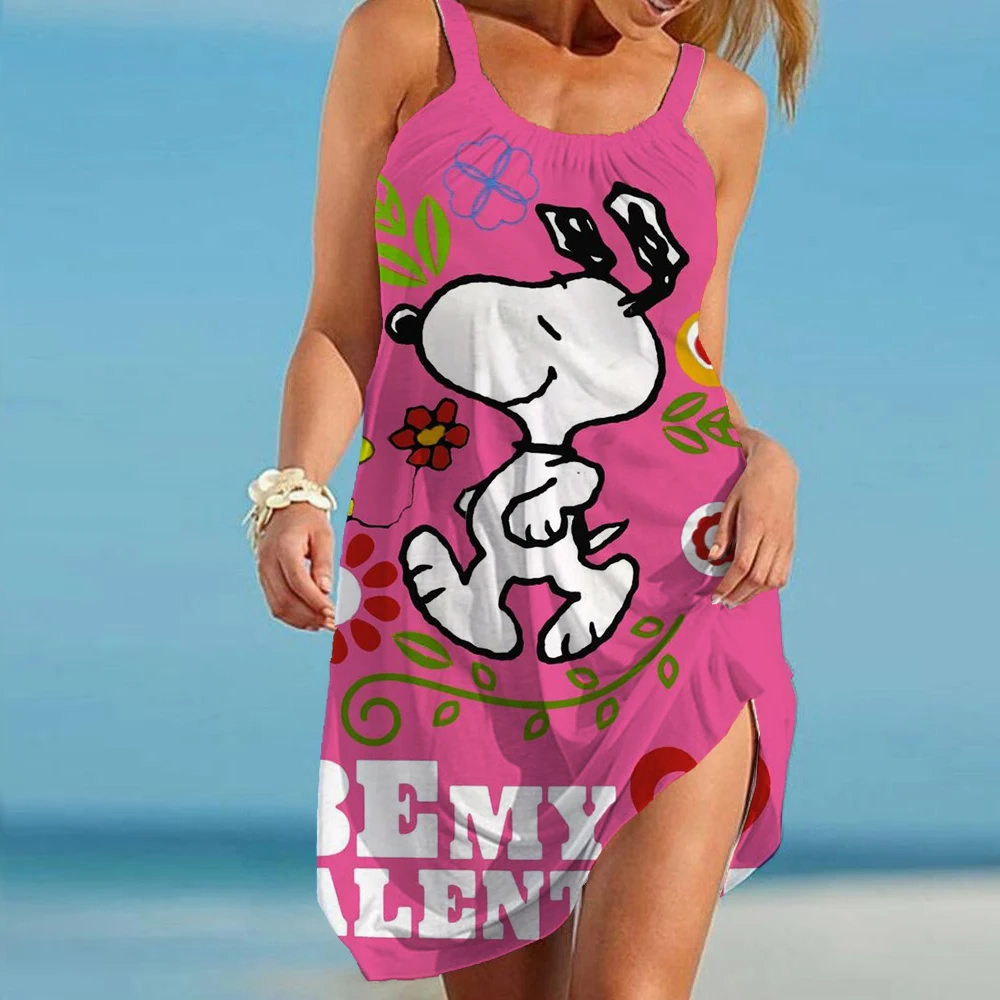 

Snoopy Kawaii Women's Beach Dresses Sanrio Youthful Woman Clothes S-3XL 2024 Summer Sling Elegant Chic Dress Boho Y2k Leisure